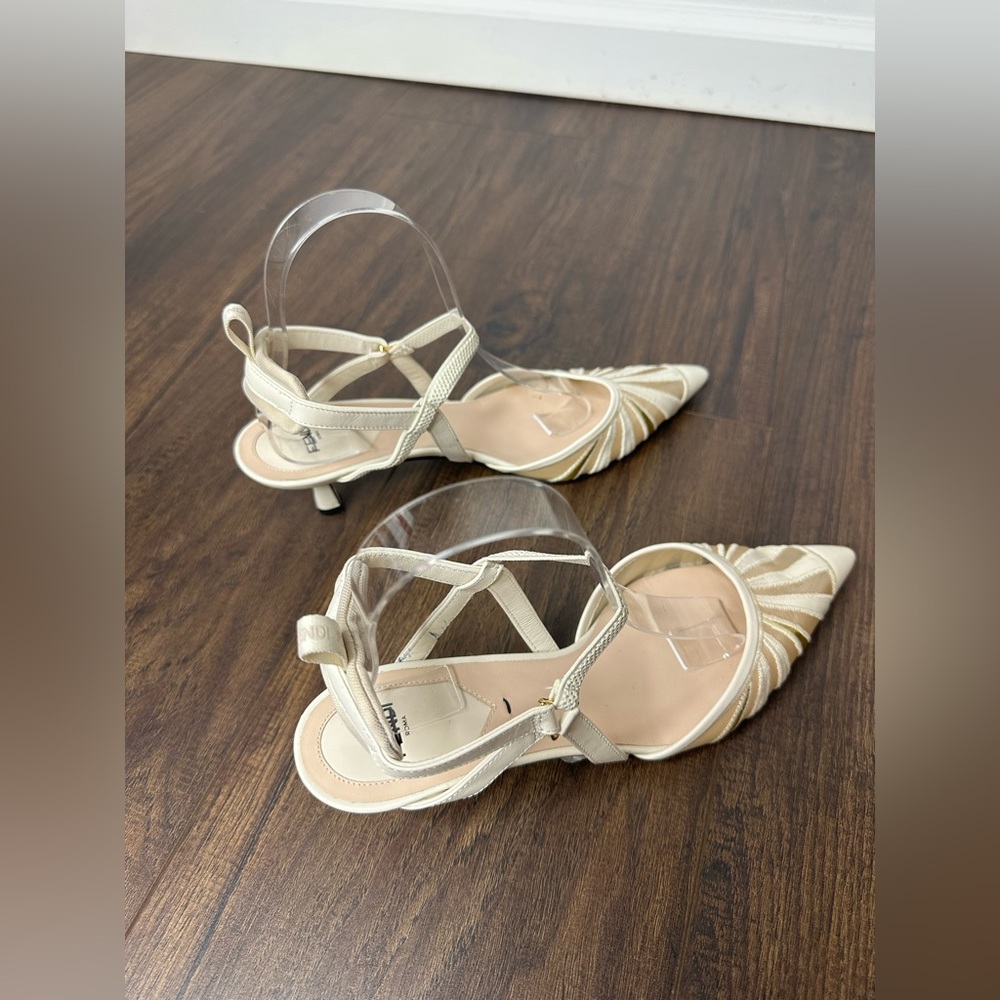 Fendi Leather And Mesh High-heeled Slingbacks In Blanc - Picture 10 of 15